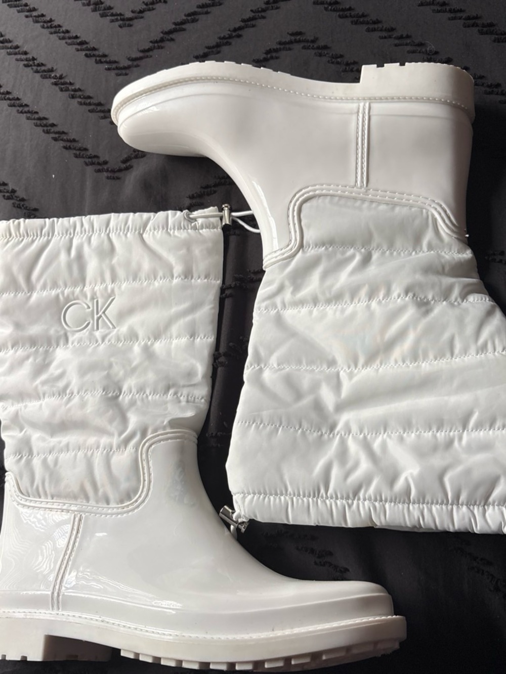 Calvin Klein White Quilted Patent Rain Boots with CK Logo